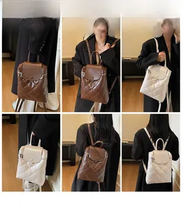 Lattice quilted backpack showing white and brown options with multiple carrying styles