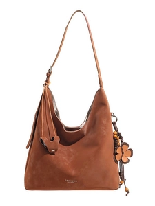 Brown faux suede tote bag for women with ethnic wood bead floral pendant and brand logo