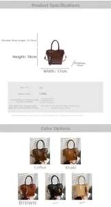 Tableau des tailles et vue multicolore du sac seau compact en similicuir souple