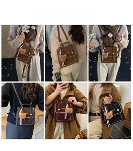 Collage of multi-color vintage British style mini backpacks with plush bear charm