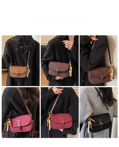 Collage of model showcasing vintage matte crossbody bags in six different colors