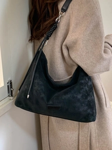 Sac fourre-tout hobo rétro en daim noir avec bandoulière à nœud et grande capacité
