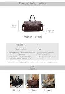 Diagramme technique du grand sac de voyage en cuir PU avec dimensions et poids détaillé