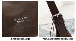 Detail of hot-stamped logo and silver adjustable metal buckle on dark brown shoulder bag