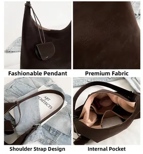 Detailed views of dark brown retro shoulder bag features, PU texture and mini pendant charm