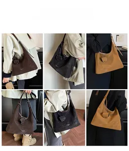 Three minimalist hobo shoulder bags in dark coffee, black, and yellow with small pouches