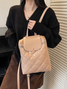 Fashionable beige quilted backpack with rhombus stitching and floral embroidery pattern