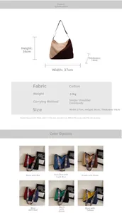 Detailed size chart showing dimensions 37x34x14cm for the corduroy tote bag and colors