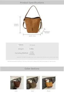 Detailed size specifications and color variants of the matte suede leather bucket bag