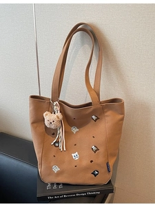 Large capacity brown canvas tote bag with animal embroidery and plush bear charm