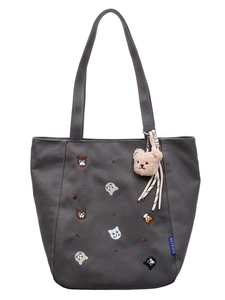 Large capacity grey canvas tote bag with six cat embroidery and cute bear keychain