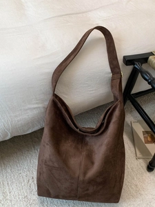 Large vintage dark brown faux suede hobo bag for women with minimalist vertical stitching