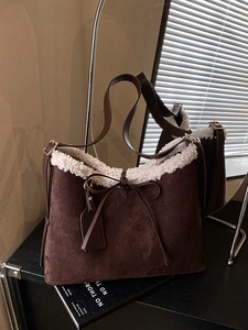 Women Vintage Suede Underarm Bag Faux Lamb Wool Trim Large Capacity Bucket Bag Minimalist Shoulder Bag With Bow Detail