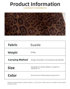 Detail showing leopard suede bucket bag dimensions and material specifications