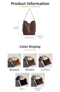 Detailed size chart for retro bucket bag and inner pouch with various color options