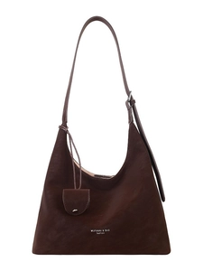 Minimalist dark brown leather underarm bag with adjustable strap and small side pouch