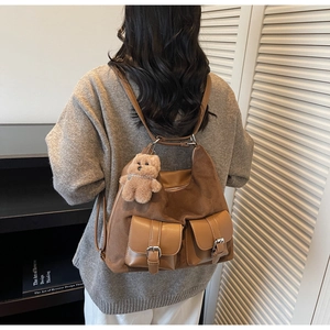 Brown vintage faux suede multi-functional backpack tote with cute bear pendant