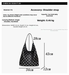 Detailed size chart for black rivet shoulder bag showing dimensions and specifications