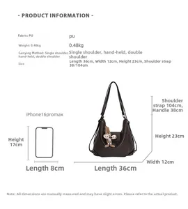 Detailed size chart for the PU leather tote bag showing dimensions and weight information