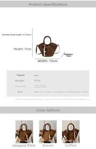 Detailed size and material specification chart for the suede leopard print bucket bag