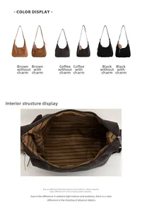 Detail view of large retro hobo bag interior with striped lining and three color options