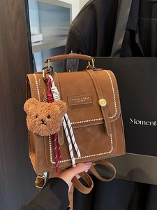 Vintage British Style Women PU Leather Backpack Contrast Stitching Mini Rucksack Handbag Travel Commute Bag With Bear Pendant