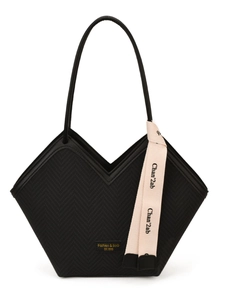 Minimalist black chevron knit tote bag with V-cut opening and ribbon detail