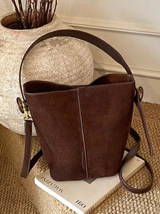 Women's Vintage Frosted PU Leather Bucket Bag Solid Color Stitching Crossbody Shoulder Bag With Top Handle And Strap