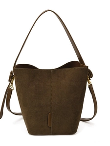 Brown matte faux suede bucket bag with gold hardware and detachable shoulder strap