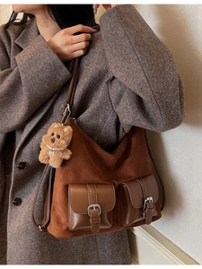 Retro brown oversized faux suede tote bag with double front pockets and bear charm