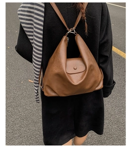 Brown vintage PU leather backpack featuring a minimalist flap and metal ring details on back
