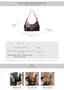 Detailed size specifications and three-color options for the retro semi-circle shoulder bag
