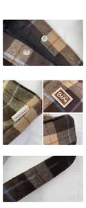 Detail of checkered canvas bag showing magnetic closure and Bear leather patch