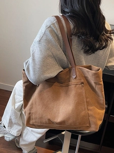 Vintage large capacity canvas tote bag in caramel brown with faux leather straps
