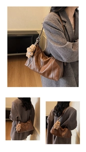 Detailed views of brown retro shoulder bag with a cute plush bear charm accessory