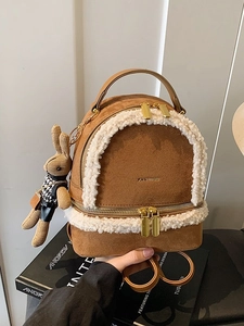 Mini Fashion Backpack For Women Retro Frosted PU Leather Bag With Lamb Wool Trim Casual Travel School Backpack Rabbit Pendant