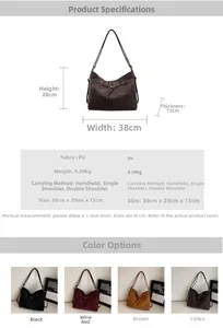 Detailed size chart and specifications for the vintage large capacity PU leather tote bag