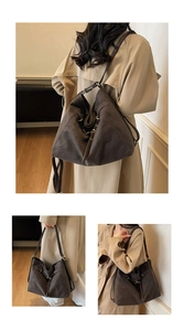Three views of a retro large capacity tote bag in dark brown faux leather with gold buckles
