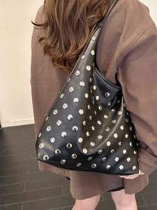 Retro black rivet tote bag with silver studs and large capacity for daily shoulder use