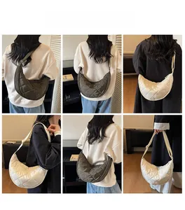 Quilted nylon crescent bag displayed in olive and cream colors from multiple wearing angles