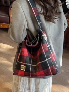 Fashionable red and black plaid velvet tote bag with bear charm and large capacity