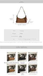 Tableau des tailles pour sac vintage en daim PU montrant les dimensions et la sangle