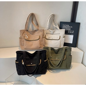 Corduroy tote bags collection in khaki, cream, black and green with multiple pockets