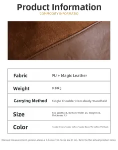 Detailed view of suede and PU stitching with structural dimensions for large shoulder bag