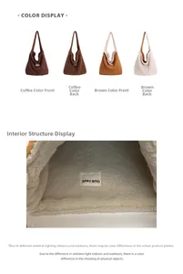 Detail view of large plush tote bag showing the interior label and soft faux shearling texture