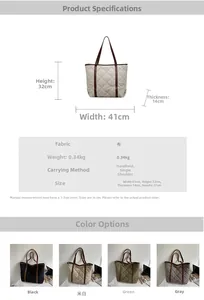 Detailed chart showing quilted tote bag dimensions, weight, and multi-color fabric options