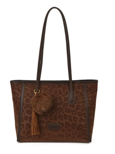 Large leopard print tote bag with brown tassels and plush ball charm for women