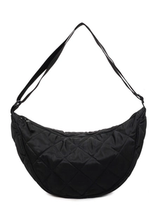 Black quilted nylon crescent crossbody bag with adjustable wide shoulder strap and zip closure