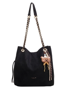 Sac fourre-tout noir minimaliste avec lettrage doré, bandoulière chaîne et charm ours