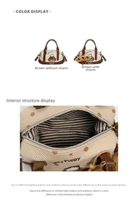 Détails du sac Lucky Puppy en toile avec doublure rayée et garnitures en cuir marron